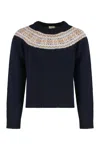 Celine Crew Neck Sweater In Fair Isle Wool Triomphe In Black