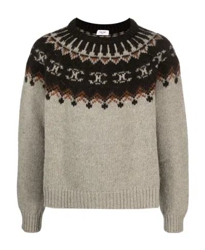 Celine Crew Neck Sweater In Triomphe Fair Isle Wool In Brown