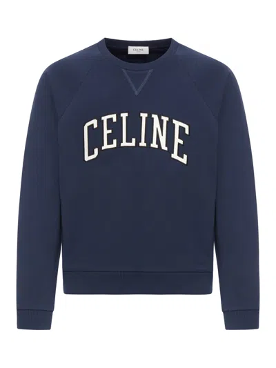 Celine Crew Neck Sweatshirt With Curved Logo In Blue