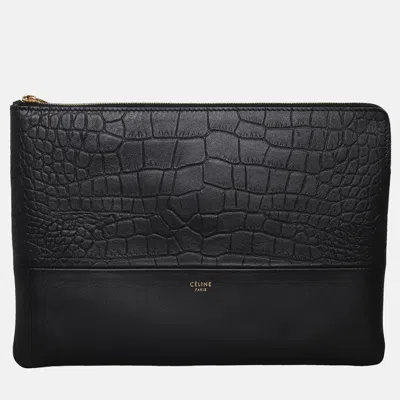Pre-owned Celine Croc-embossed Pouch In Black