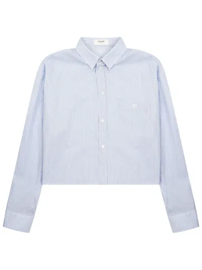 Celine Cropped Cotton Shirt With Loose Fit In Blue
