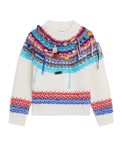Celine Cropped Crewneck Sweater In Fair Isle Wool In White