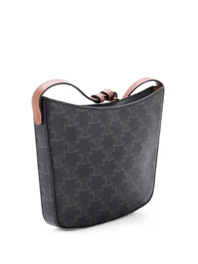 Pre-owned Celine Croque Triomphe Coated Canvas Medium Hobo Bag In Black
