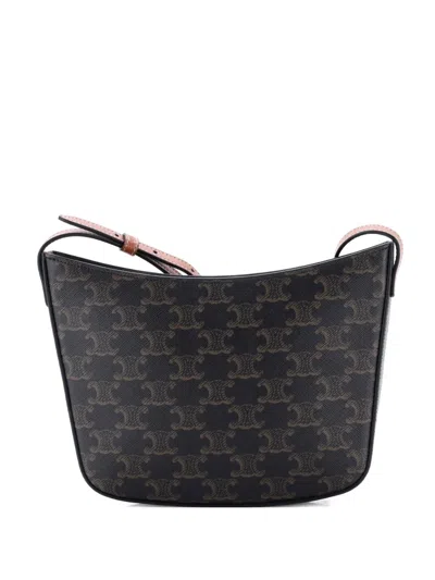 Pre-owned Celine Croque Triomphe Coated Canvas Medium Hobo Bag In Brown