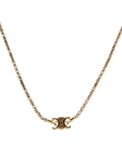 Pre-owned Celine Crystal Triomphe Pendant Necklace, 17" In Transparent