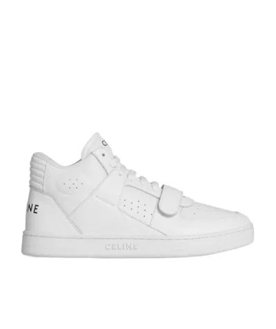 Celine Ct-02 Fixed Strap Decorative Cowhide Leather Mid-top Sneakers In White