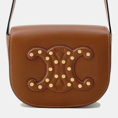 Pre-owned Celine Cuir Folco Triomphe Shoulder Bag Tan Calf Leather In Brown