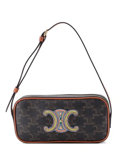 Pre-owned Celine Cuir Triomphe Camera Embroidered Triomphe Coated Canvas With Leather Small Shoulder Bag In Brown