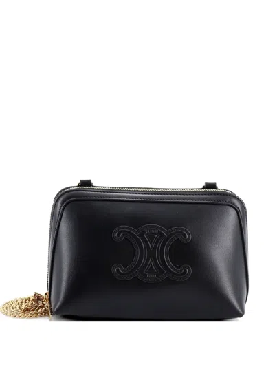 Pre-owned Celine Cuir Triomphe Zip Around Chain Clutch Leather Crossbody Bag In Black