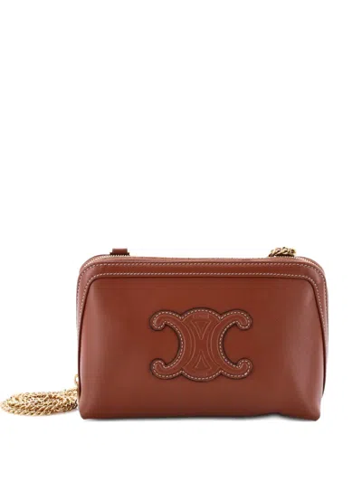 Pre-owned Celine Cuir Triomphe Zip Around Chain Clutch Leather Crossbody Bag In Brown