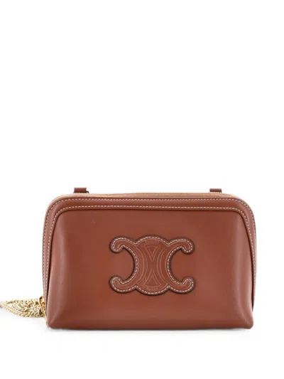 Pre-owned Celine Cuir Triomphe Zip Around Chain Clutch Leather Crossbody Bag In Brown