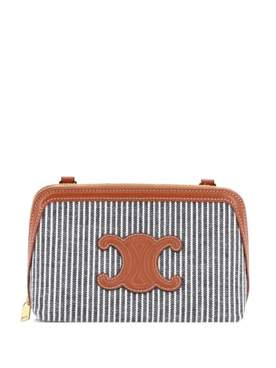 Pre-owned Celine Cuir Triomphe Zip Around Chain Striped Canvas Clutch Bag In Blue