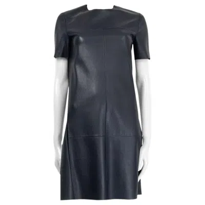 Pre-owned Celine Dark Blue Leather Short Sleeve Shift Dress 38 S