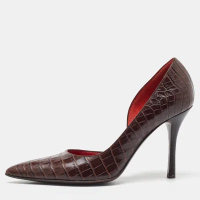 Pre-owned Celine Dark Brown Croc Embossed Leather D'orsay Pointed Toe Pumps Size 37