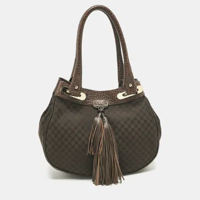 Pre-owned Celine Dark Brown Macadam Canvas And Croc Embossed Leather Shoulder Bag