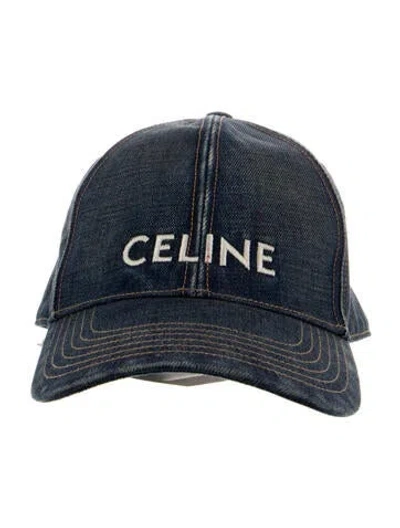 Pre-owned Celine Denim Logo Embroidered Baseball Cap In Blue