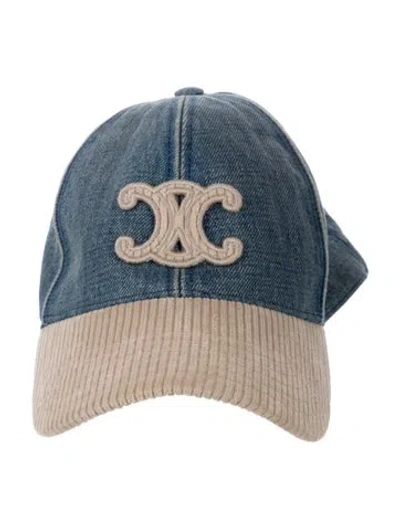 Pre-owned Celine Denim Textured Embroidered Triomphe Baseball Hat In Blue/neutrals