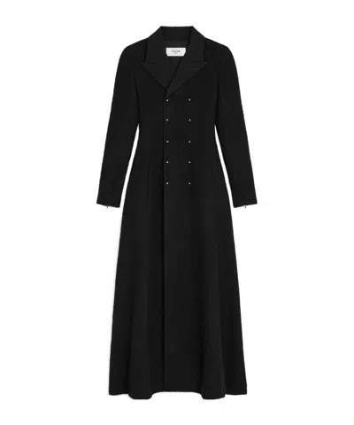 Celine Double-breasted Coat In Wool Natté In Black