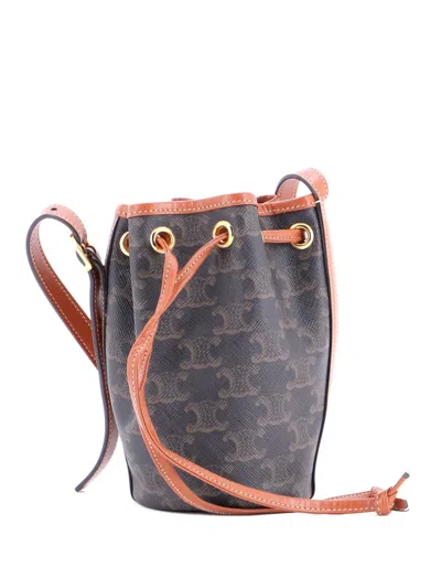 Pre-owned Celine Drawstring Triomphe Coated Canvas Mini Bucket Bag In Brown