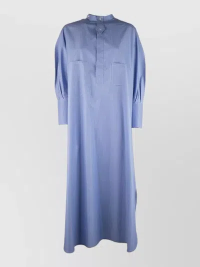 Celine Dress High Collar Buttoned Cuffs Embroidered Detail In Blue