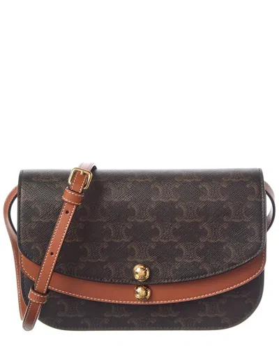 Celine Duo Triomphe Coated Canvas & Leather Wallet On Strap In Brown