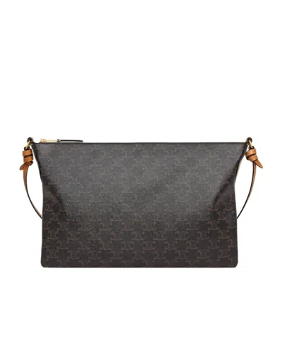 Celine Duo Zipped Bag In Triomphe Canvas And Natural Calfskin In Brown