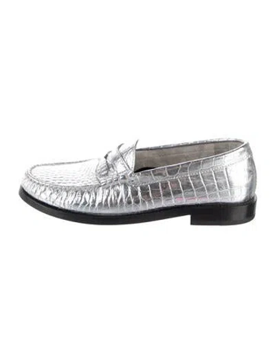 Pre-owned Celine Embossed Leather Animal Print Loafers In Metallic/silver