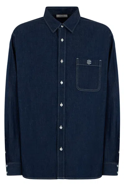 Celine Embroidered Denim Shirt With Long Sleeves In Blue