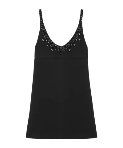 Celine Embroidered Mini Dress In Gauffered Double Wool In Black