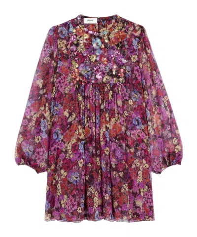 Celine Embroidered Mini Folk Dress In Silk Crepon In Red