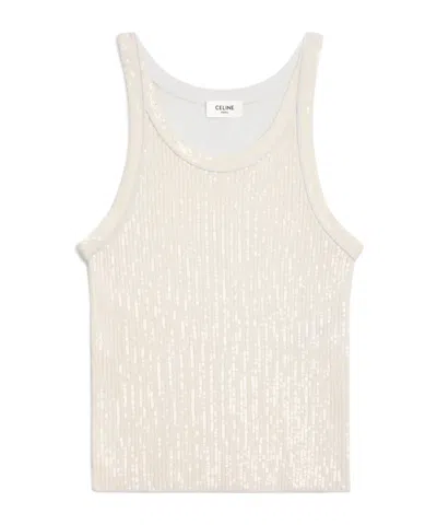 Celine Embroidered Tank Top In Ribbed Silk In Neutral