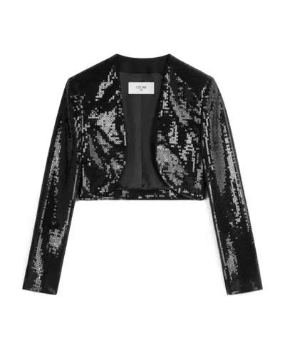 Celine Embroidered Wool Gabardine Short Casual Jacket In Black