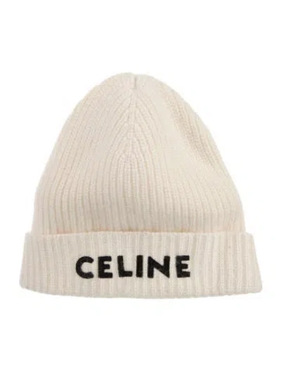 Pre-owned Celine Embroider-embellished Wool Knit Beanie In Black/white