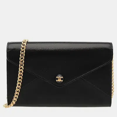 Pre-owned Celine Envelope Shiny Calfskin Leather Wallet On Chain Bag In Black