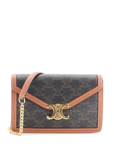 Pre-owned Celine Enveloppe Wallet On Strap Triomphe Coated Canvas Crossbody Bag In Brown