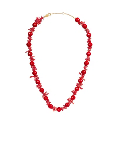 Celine Été  Beads Necklace In Coral, Calcite, Varnish And Brass With Gold Finish In Red
