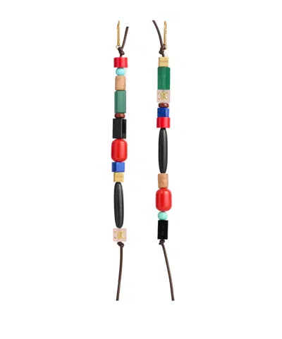 Celine Été  Long Earrings In Glass Beads, Stones, Cotton And Brass With Gold Finish In Red