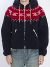 Celine Men Fair Isle Triomphe Brushed Fabric Hooded Jacket In Blue