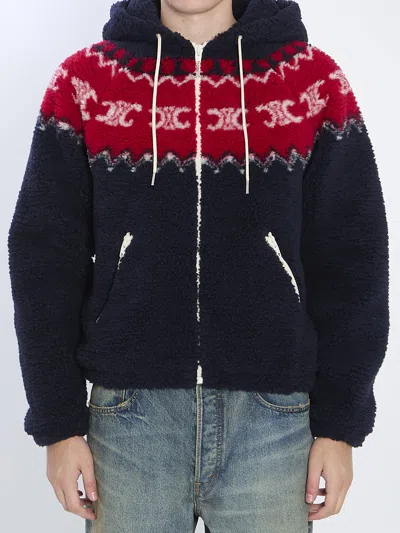 Celine Men Fair Isle Triomphe Brushed Fabric Hooded Jacket In Blue