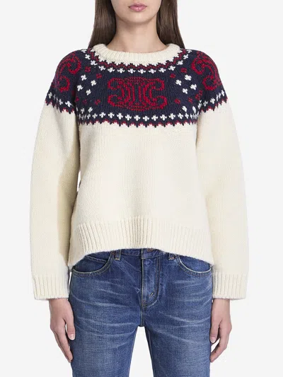 Celine Round-collar And Long-sleeved Sweater In White