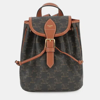 Pre-owned Celine Falco Triomphe Backpack Tan Calf Leather Coated Canvas In Brown