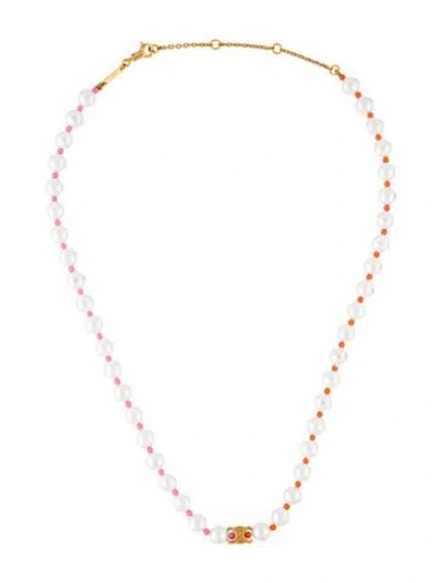 Pre-owned Celine Faux Pearl Triomphe Collar Necklace, 16" In Pink