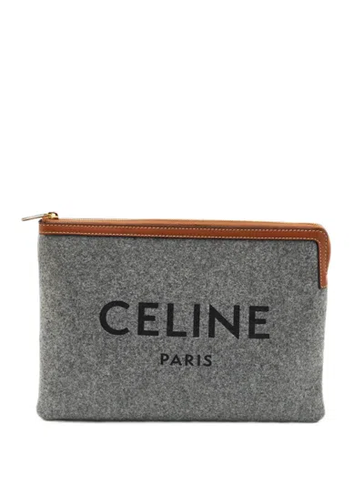 Pre-owned Celine Felt Leather-trim Clutch Bag In Grey