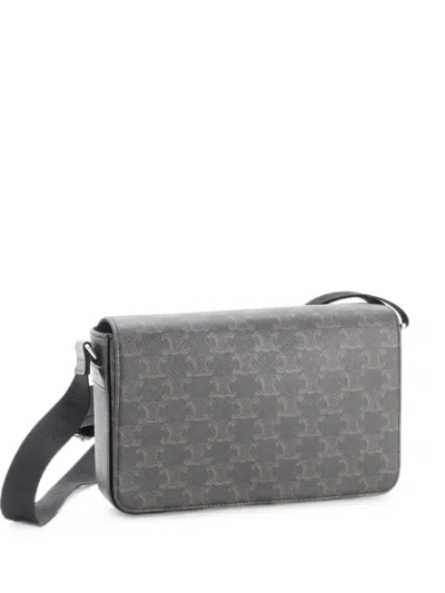 Pre-owned Celine Flap Messenger Bag Triomphe Coated Canvas Medium Crossbody Bag In Black