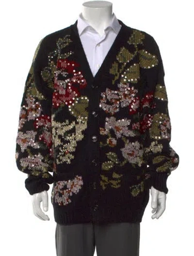 Pre-owned Celine Floral Jacquard Wool Cardigan In Black