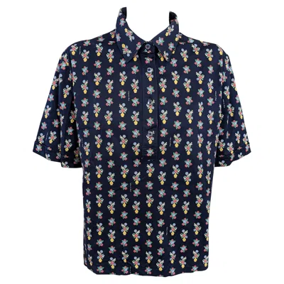 Pre-owned Celine Floral Print Navy Blue Cotton Logo Polo