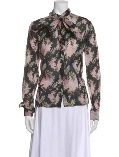 Pre-owned Celine Floral Print Tie Neck Blouse In Black