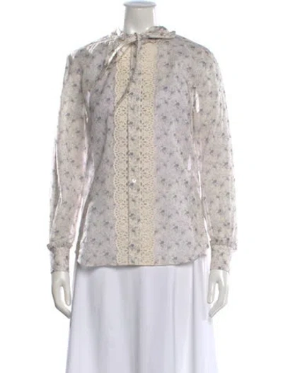 Pre-owned Celine Floral Print Tie Neck Blouse In Gray