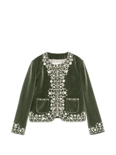 Pre-owned Celine Floral-embroidered Jacket In Green