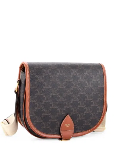 Pre-owned Celine Folco Bag Triomphe Coated Canvas Large Crossbody Bag In Brown